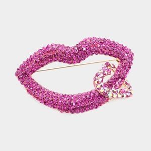 Pink Fuchsia Rhinestone Crystal Heart Lip Brooch Pin Cute Statement Accessory